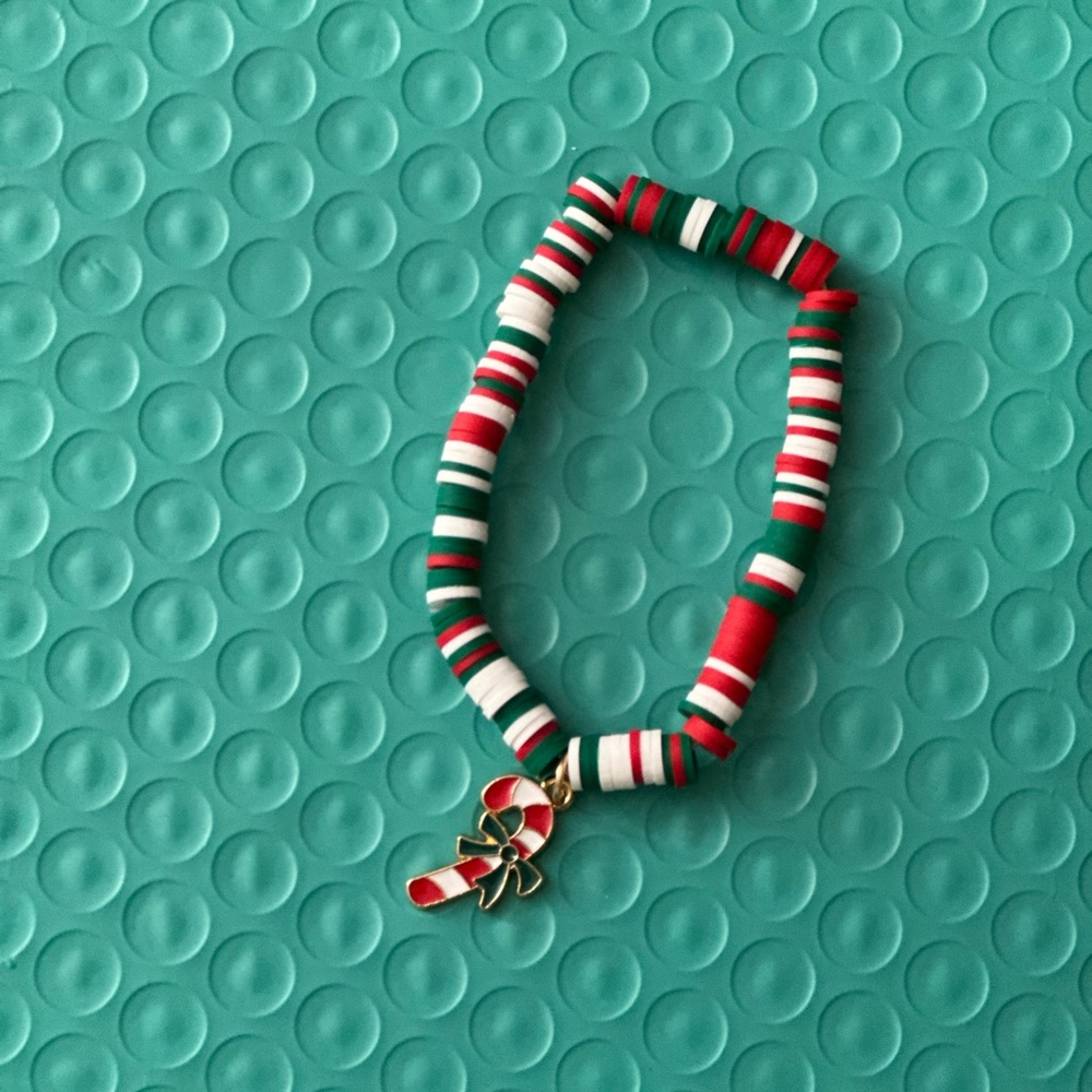 Festive Beaded Bracelet with Candy Cane Charm Christmas red and green and white